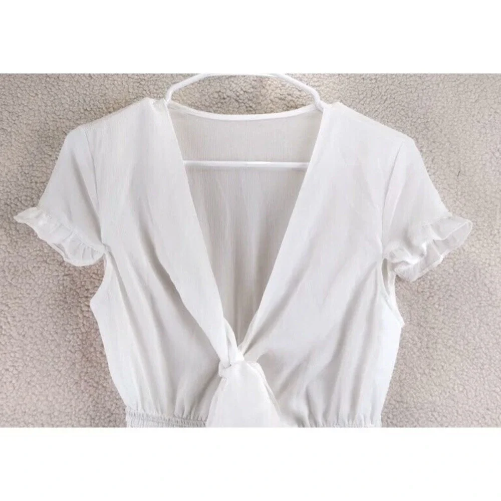 Cottagecore Puff Sleeve Tie Front Ruffle Mini Dress Smocked Waist Womens S White